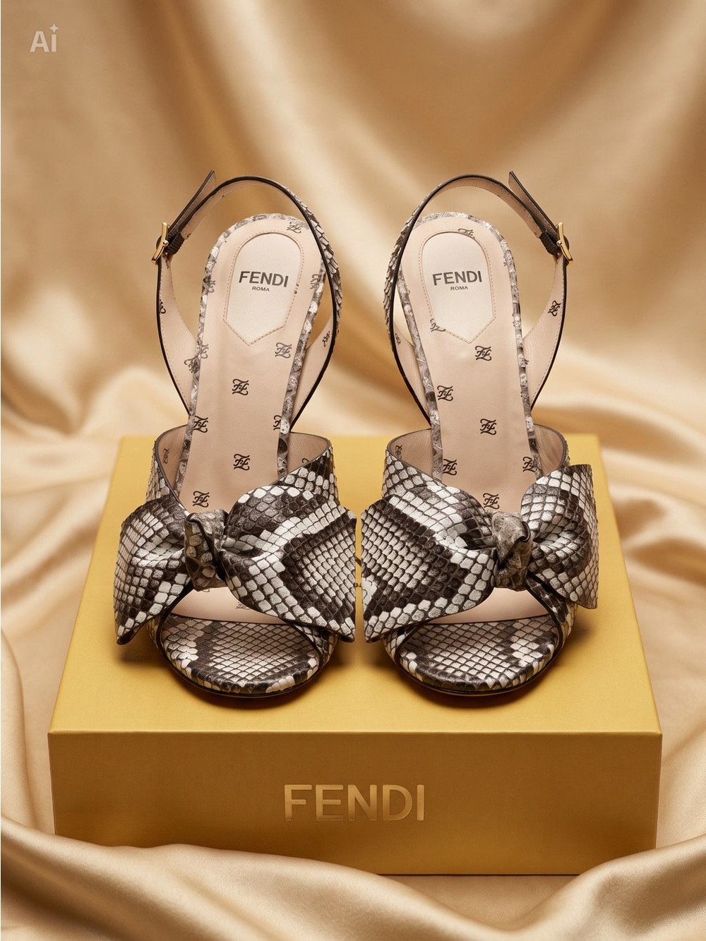 Fendi Women's Snake-Print Bow Slingback Heels in Beige and Black